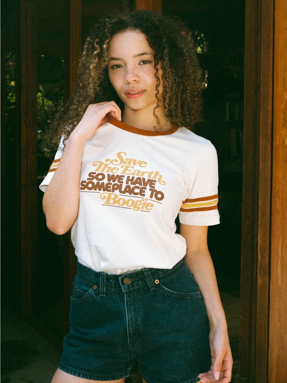 Save The Earth Ringer Tee — White with Brown Accent